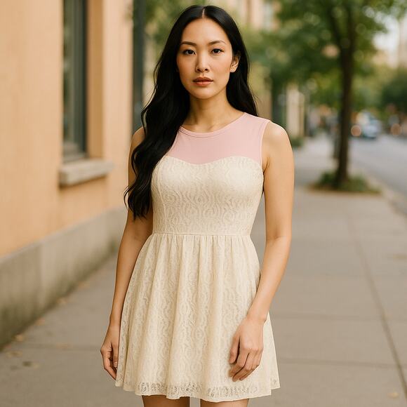 Cream Beige Lace Dress Ballerina Look Zips Up The Back Size Small - Picture 1 of 6
